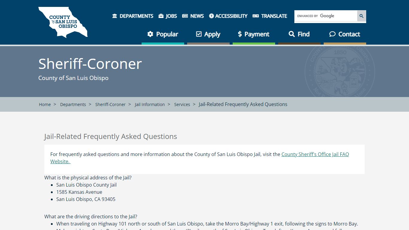 Jail-Related Frequently Asked Questions - County of San Luis Obispo